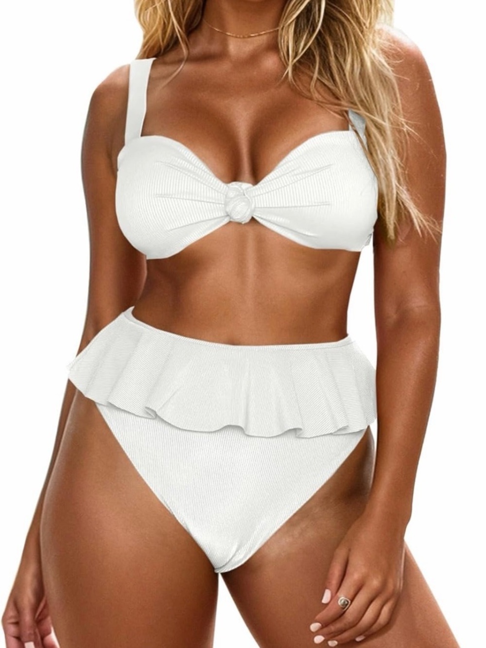 Womens 2 Piece High Waisted Swimsuit Ruffle Bikini
Sets Twist Knot Ribbed White